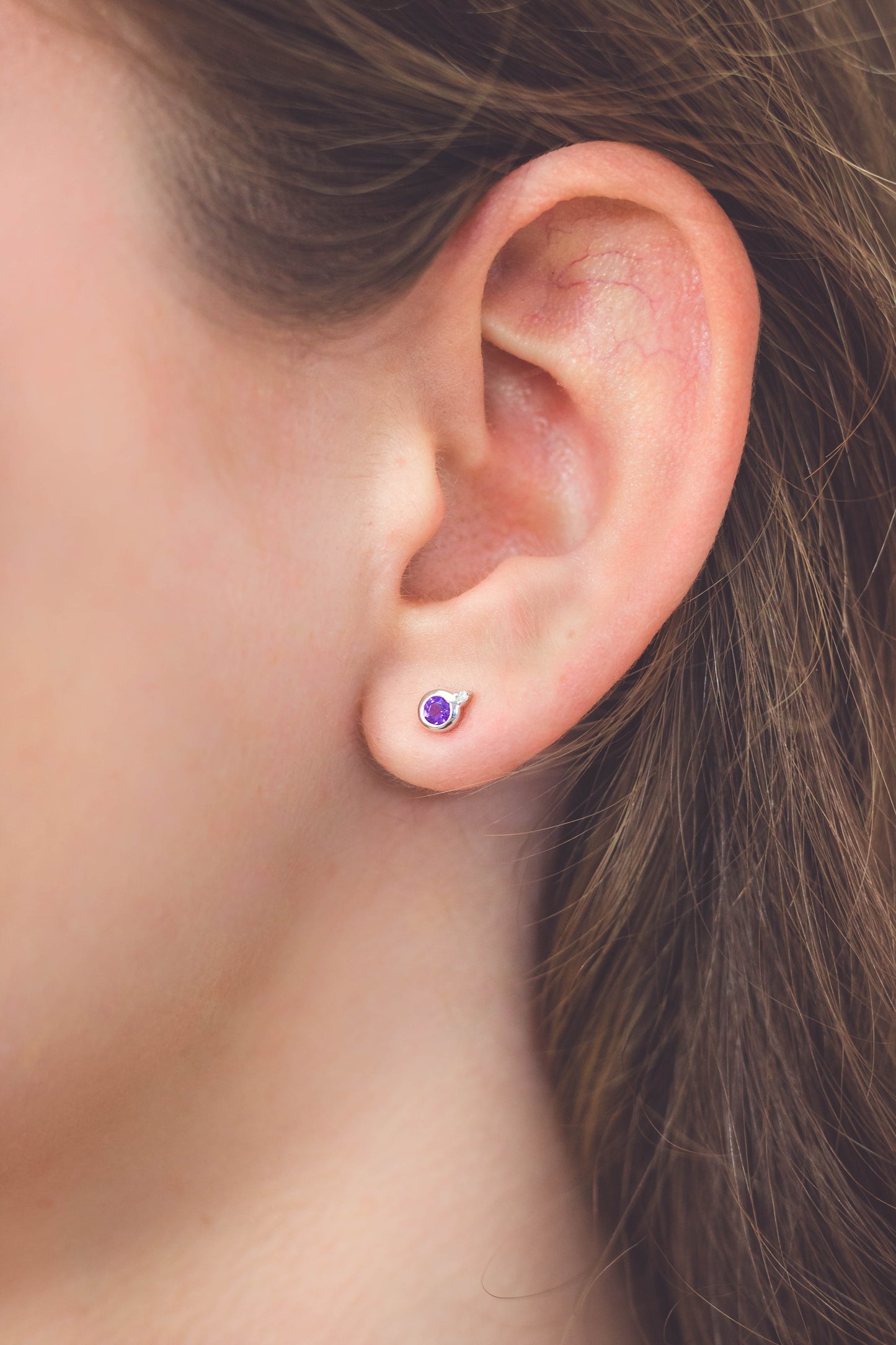 NATURAL AMETHYST AND TWO NATURAL DIAMOND FEBRUARY EARRINGS SILVER