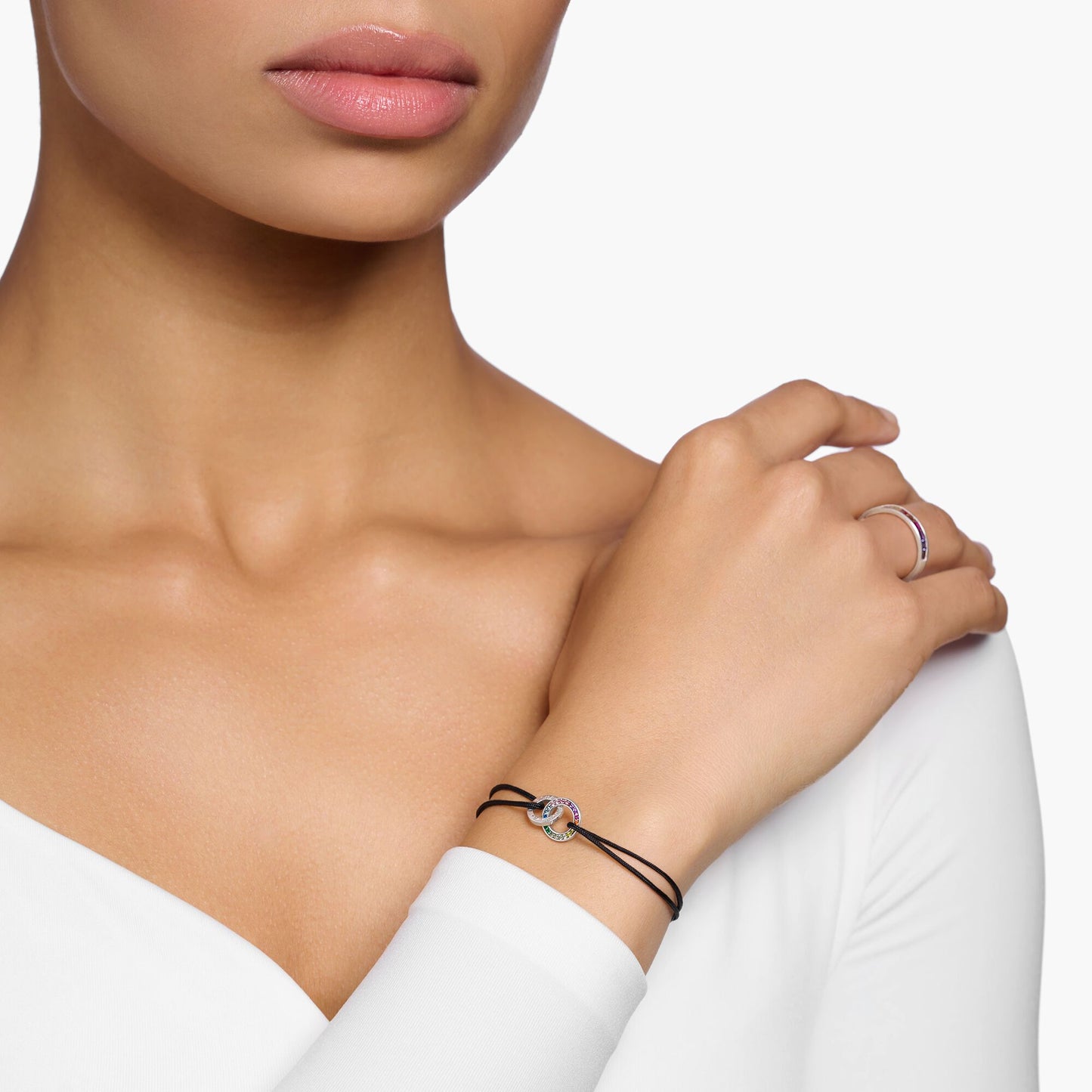 THOMAS SABO Textile Bracelet Black with Two Rings Silver Blackened
