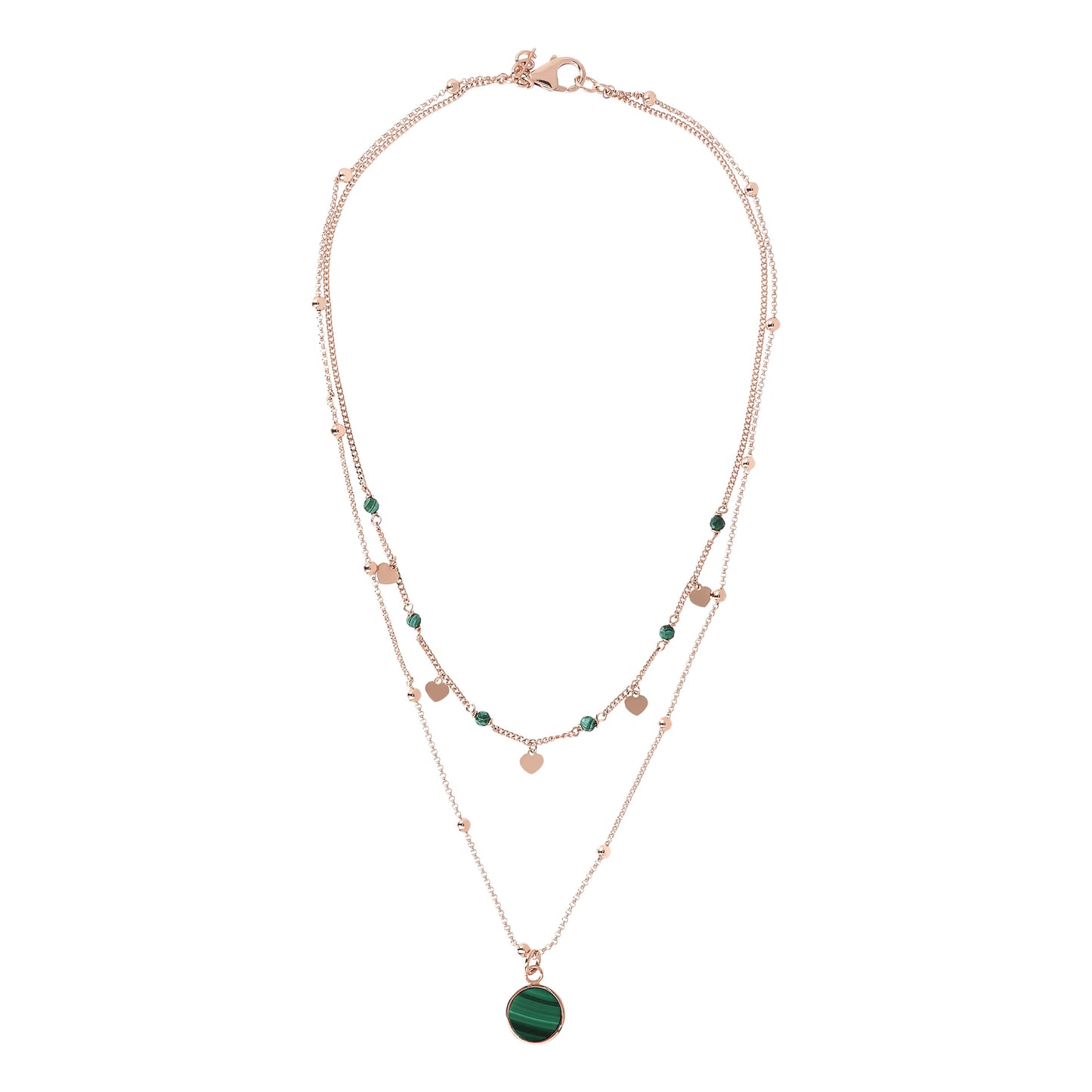Bronzallure Two Strands Necklace with Natural Stone and Golden Rose Hearts