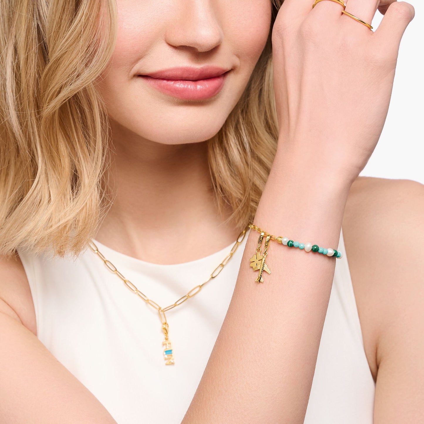 THOMAS SABO Member Charm Bracelet with Pearls, Malachite and Charmista Disc Gold Plated