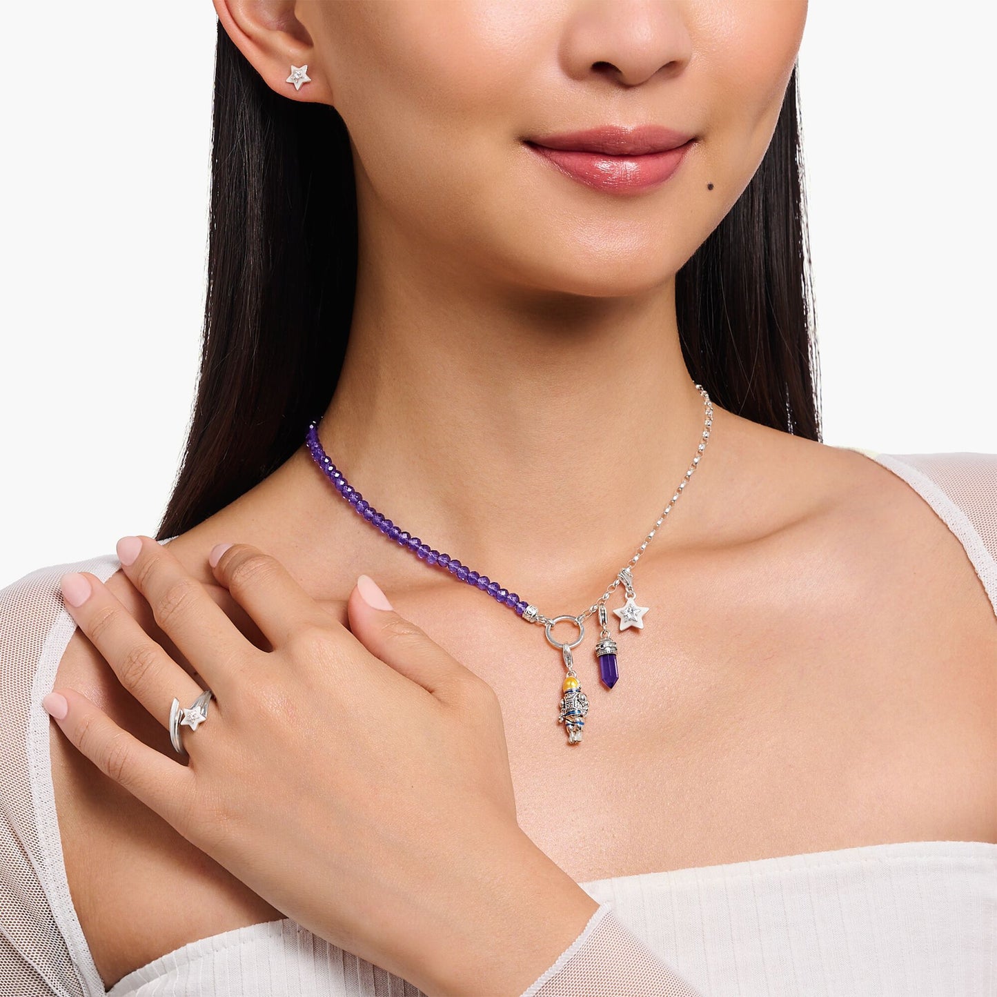 THOMAS SABO Silver Member Charm Necklace with Violet Imitation Amethyst Beads