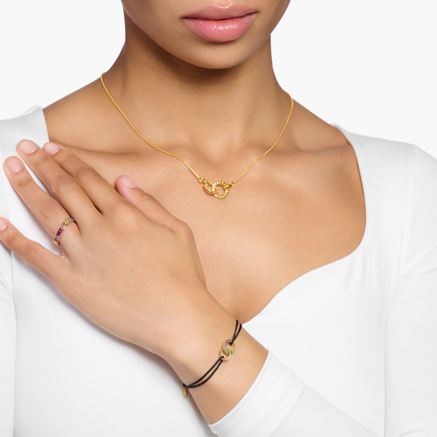 THOMAS SABO Textile Bracelet Black with Two Rings Gold Plated